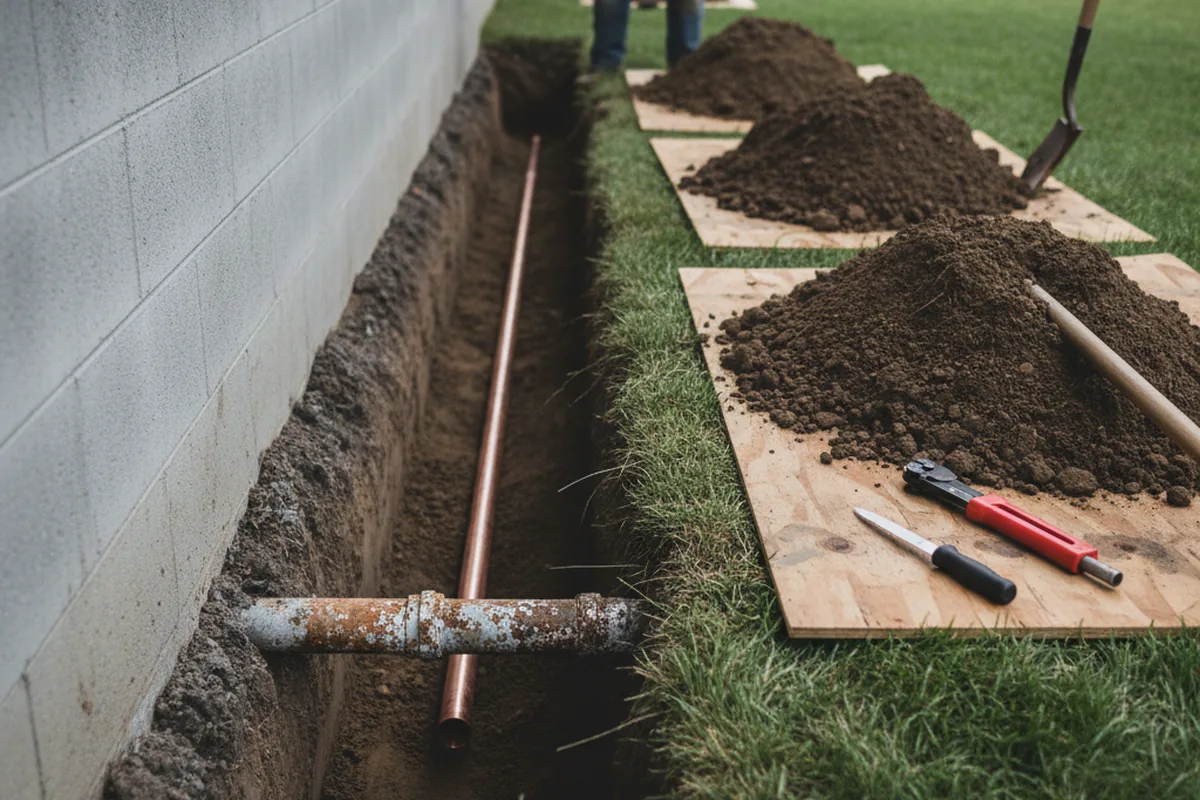 Excavated water line trench during Water Heater Repair in Pipersville
